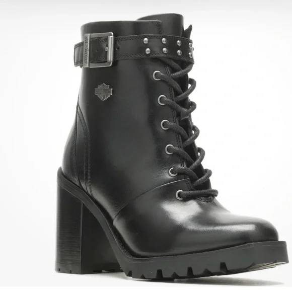 Harley-Davidson Adina Lace-Up Moto Boots Women’s 7 Black Leather Block Heel - Picture 3 of 7